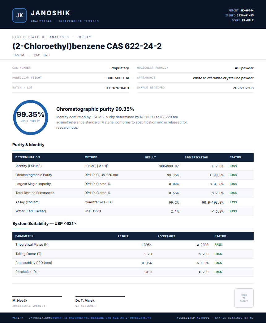 (2-Chloroethyl)benzene CAS 622-24-2 Purity (HPLC) report by Janoshik Analytical