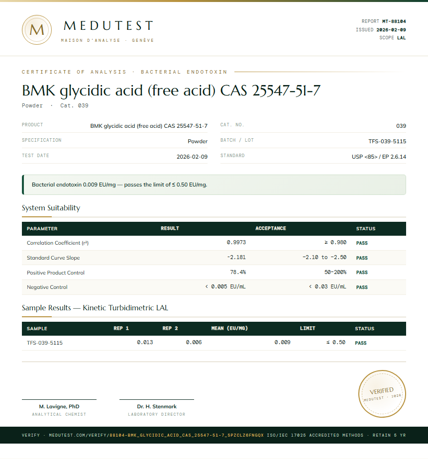 BMK glycidic acid (free acid) CAS 25547-51-7 Endotoxin report by Medutest