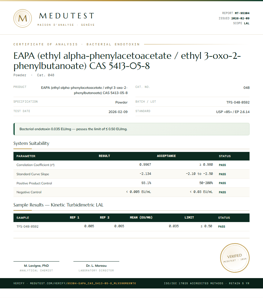 EAPA (ethyl alpha-phenylacetoacetate / ethyl 3-oxo-2-phenylbutanoate) CAS 5413-05-8 Endotoxin report by Medutest