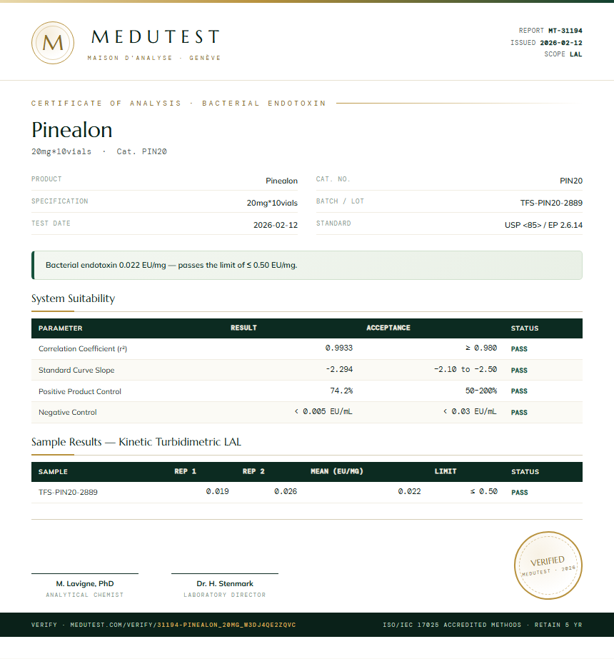 Pinealon Endotoxin report by Medutest