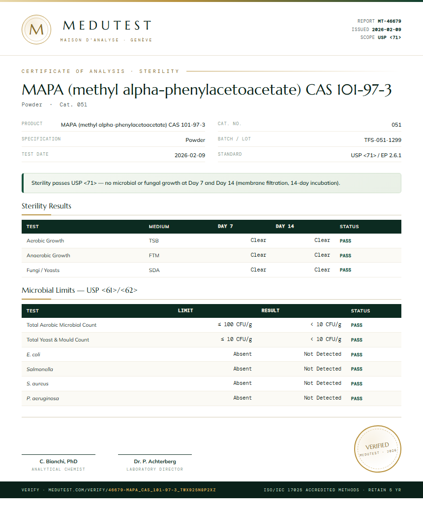 MAPA (methyl alpha-phenylacetoacetate) CAS 101-97-3 Sterility report by Medutest