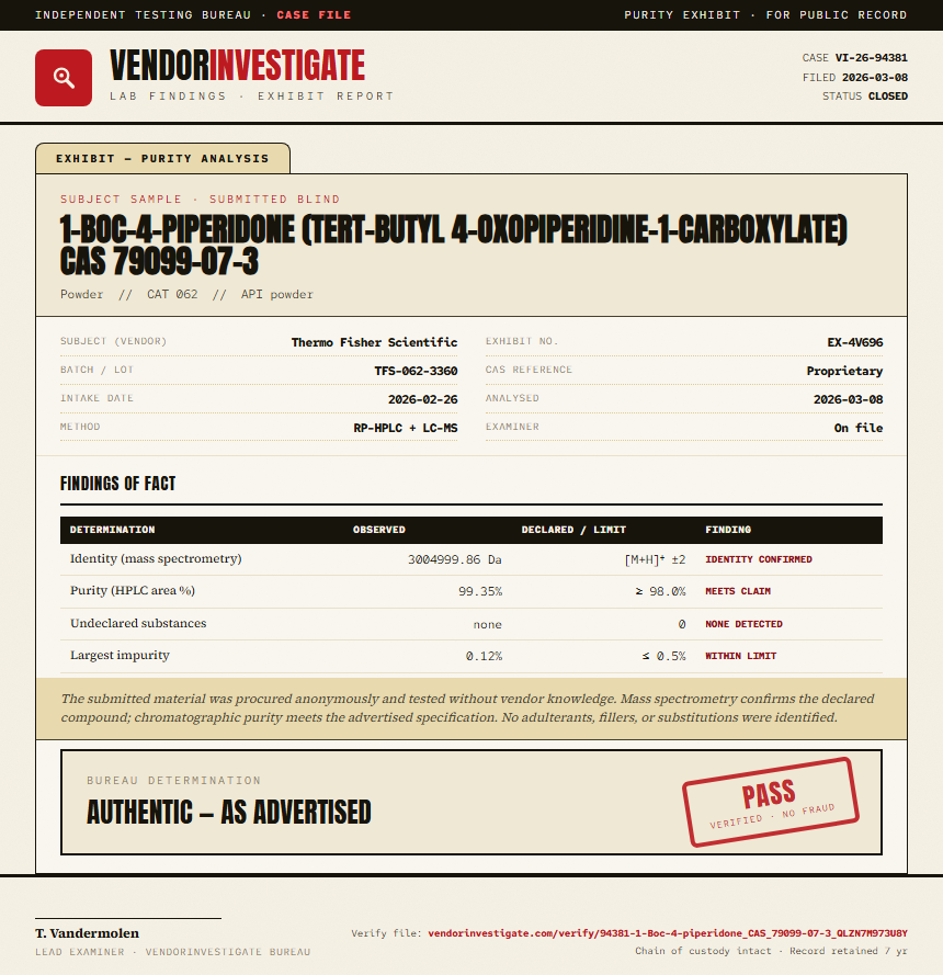 1-Boc-4-piperidone (tert-butyl 4-oxopiperidine-1-carboxylate) CAS 79099-07-3 Purity (HPLC) report by VendorInvestigate