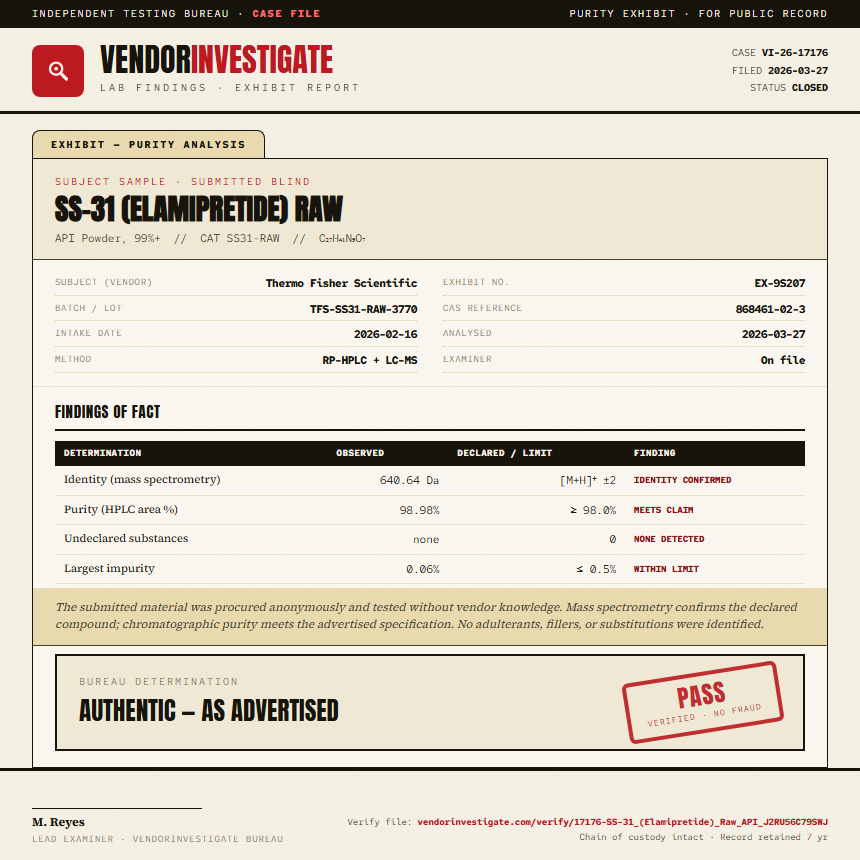 SS-31 (Elamipretide) Raw Purity (HPLC) report by VendorInvestigate