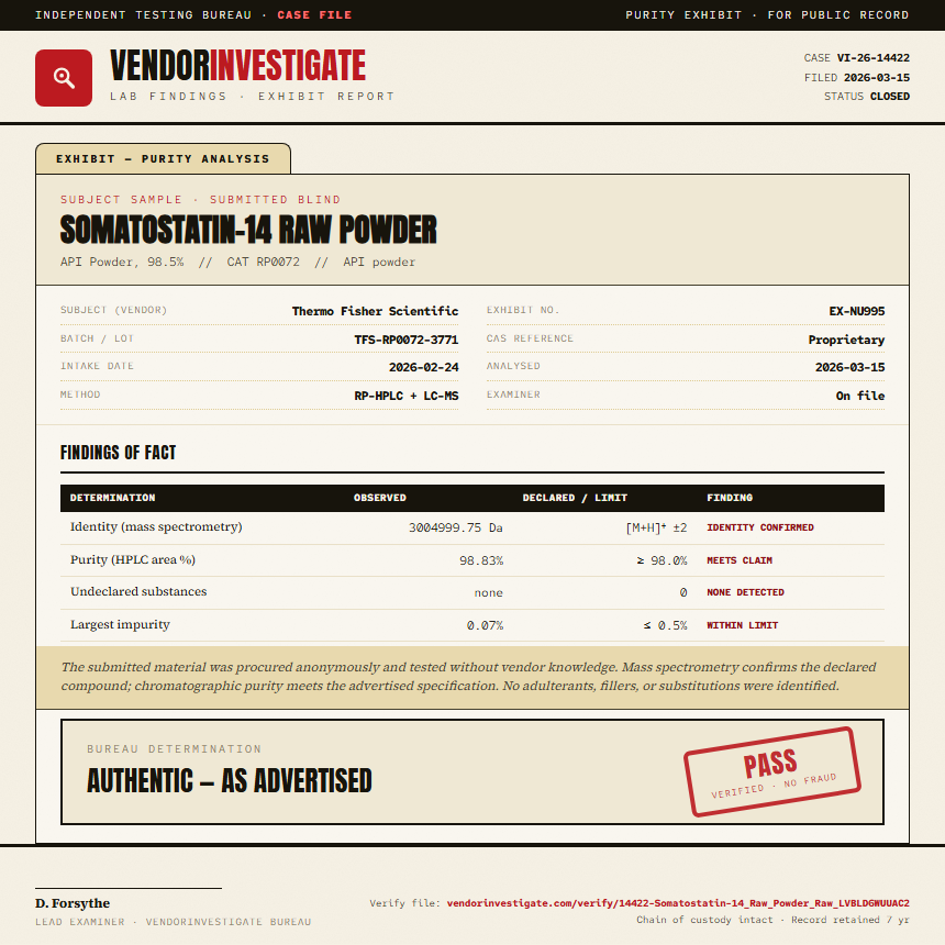 Somatostatin-14 Raw Powder Purity (HPLC) report by VendorInvestigate