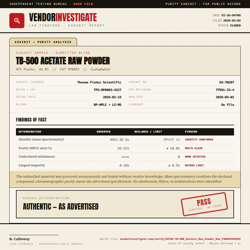 TB-500 Acetate Raw Powder Purity (HPLC) report by VendorInvestigate