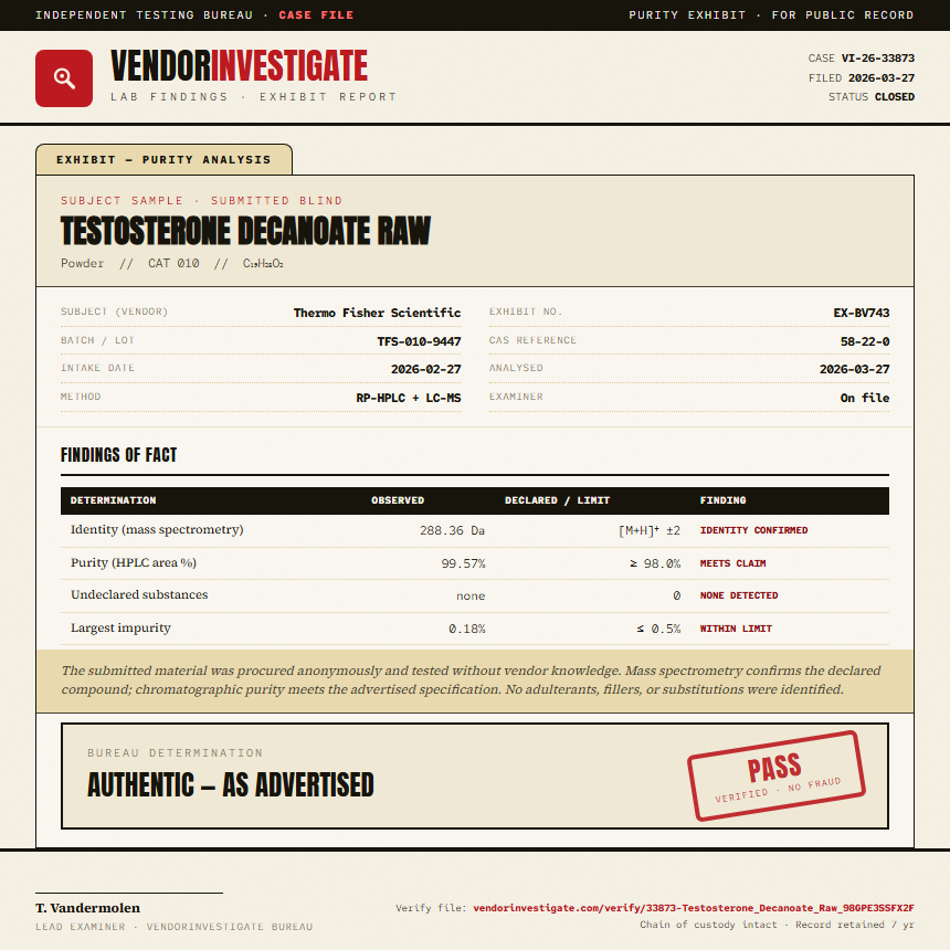 Testosterone Decanoate Raw Purity (HPLC) report by VendorInvestigate