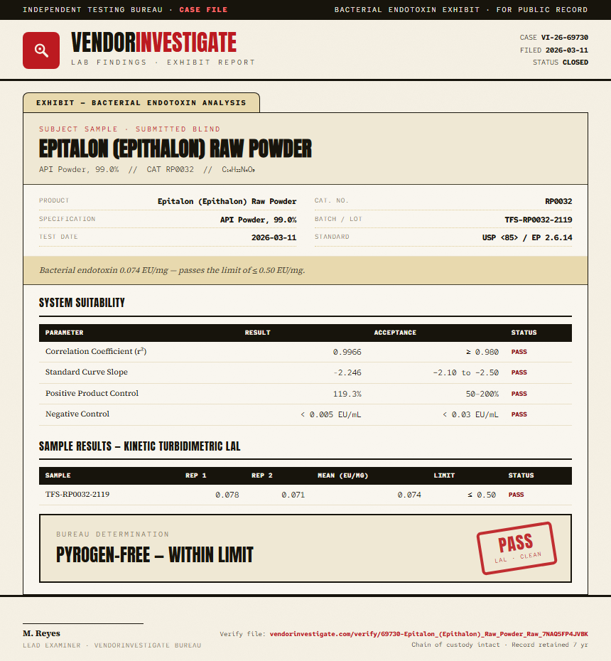 Epitalon (Epithalon) Raw Powder Endotoxin report by VendorInvestigate