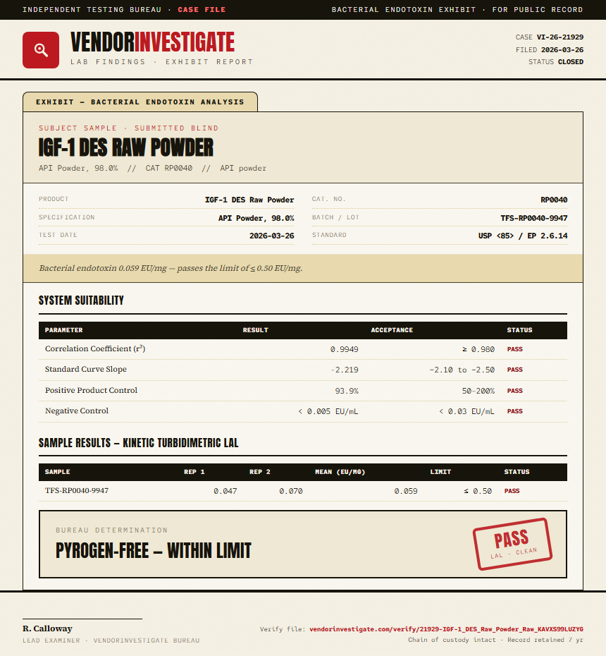 IGF-1 DES Raw Powder Endotoxin report by VendorInvestigate