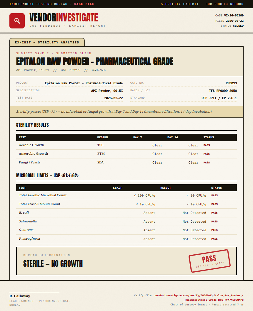 Epitalon Raw Powder - Pharmaceutical Grade Sterility report by VendorInvestigate